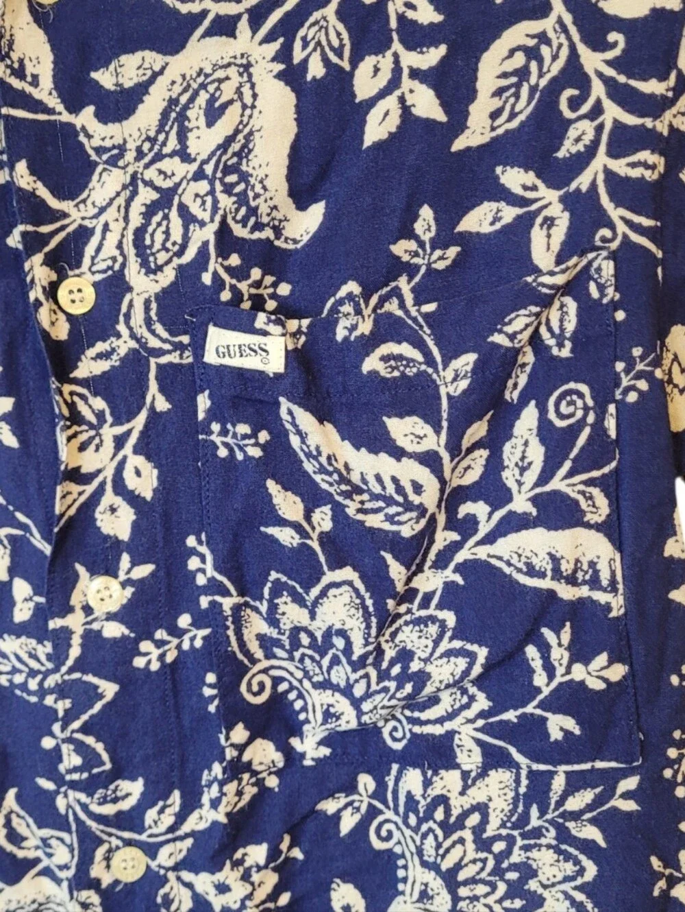 Vintage Guess Navy Blue and White Floral Button-Down Shirt Size 0